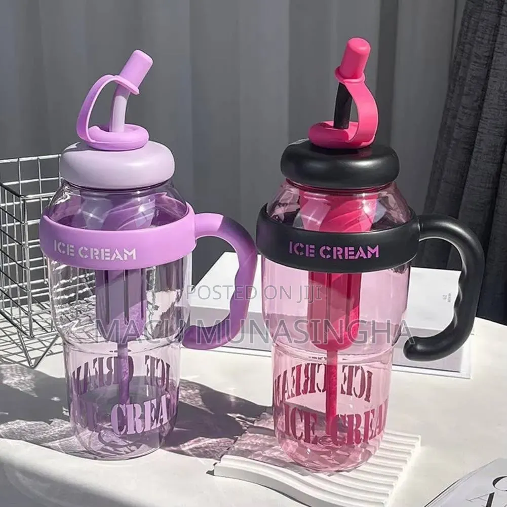  *Cute Ice Cream Shaped Water Bottle With Straw and Handle 1200ml