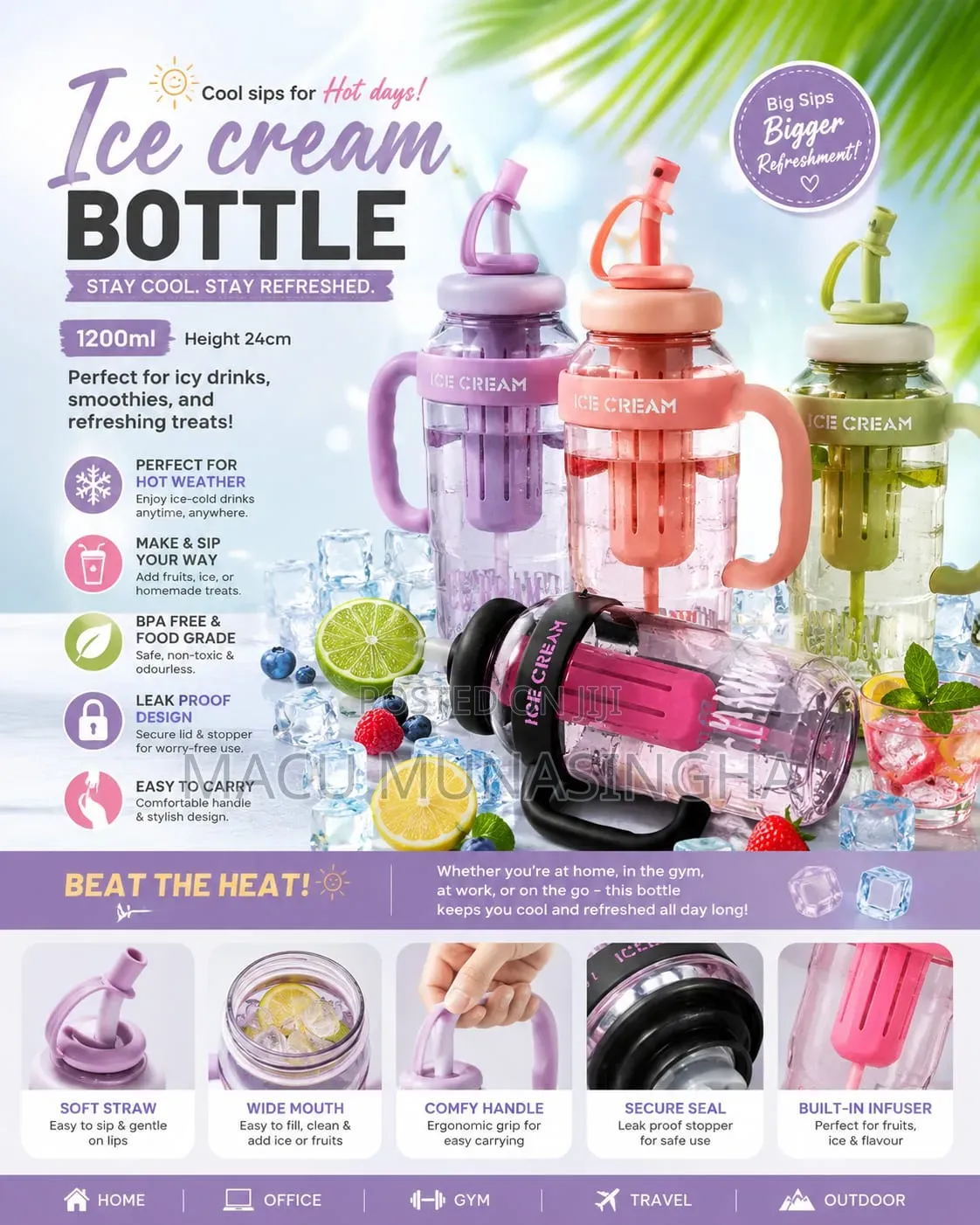  *Cute Ice Cream Shaped Water Bottle With Straw and Handle 1200ml