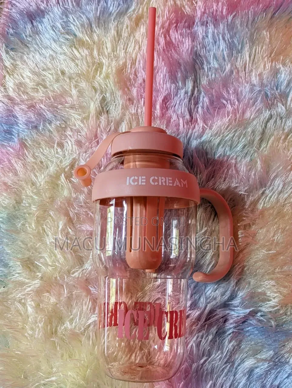  *Cute Ice Cream Shaped Water Bottle With Straw and Handle 1200ml