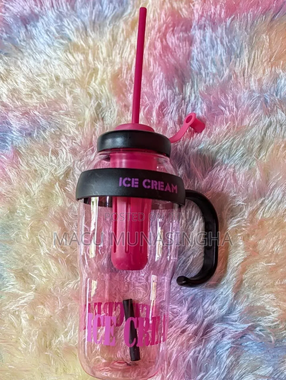  *Cute Ice Cream Shaped Water Bottle With Straw and Handle 1200ml