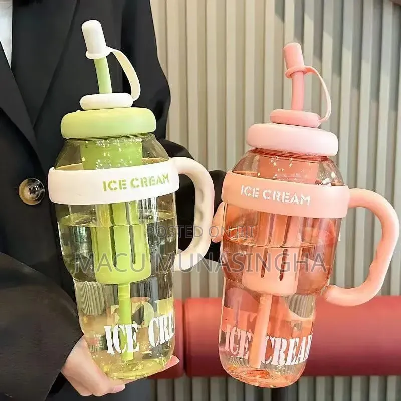  *Cute Ice Cream Shaped Water Bottle With Straw and Handle 1200ml