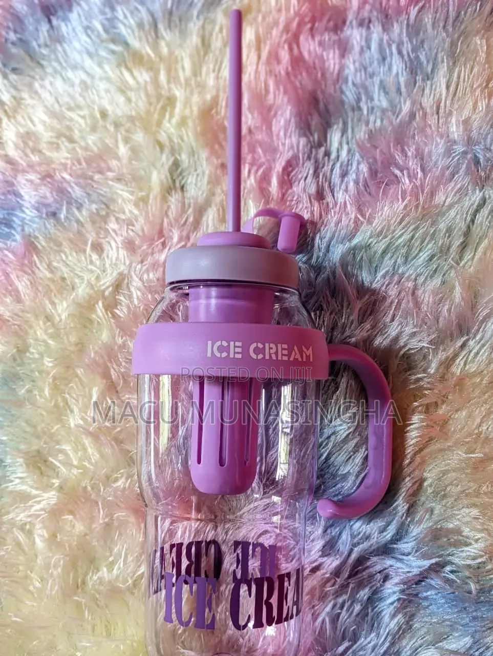  *Cute Ice Cream Shaped Water Bottle With Straw and Handle 1200ml
