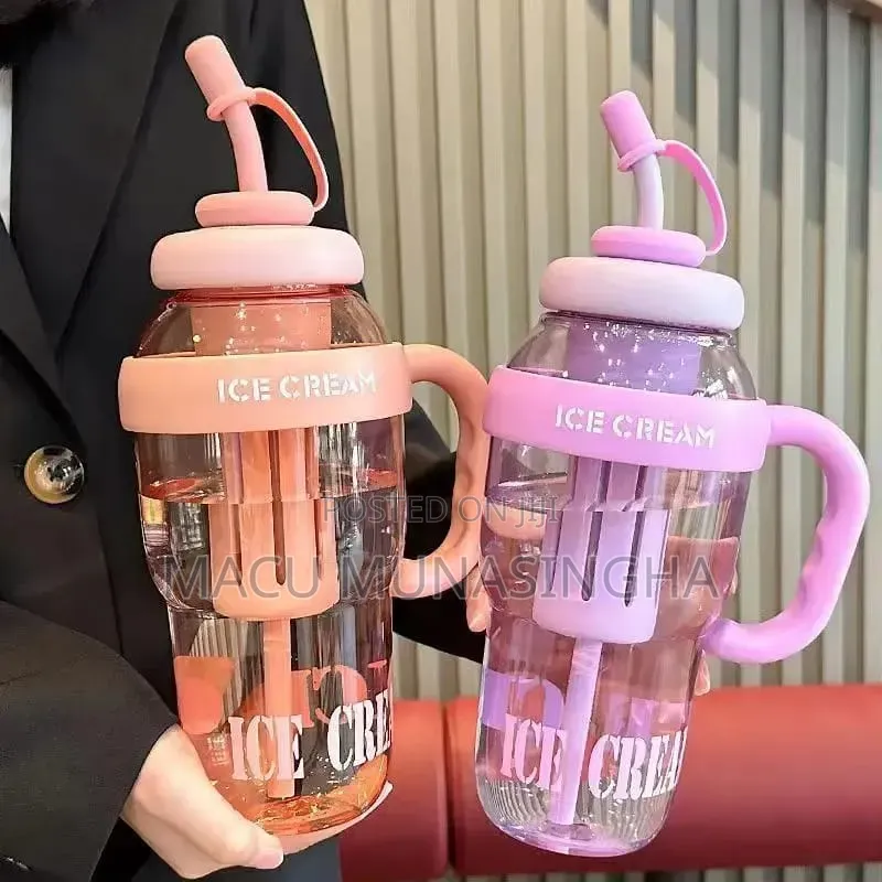  *Cute Ice Cream Shaped Water Bottle With Straw and Handle 1200ml