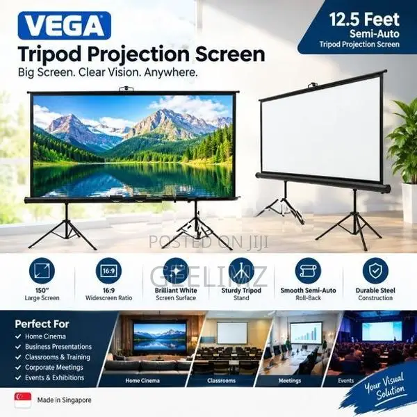 VEGA 150″ 12.5FT Semi-Auto Tripod Projection Screen – 16:9