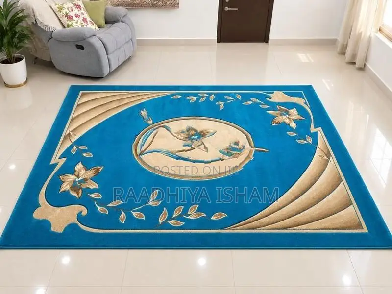 Blue Decorative Floral-Patterned Carpet