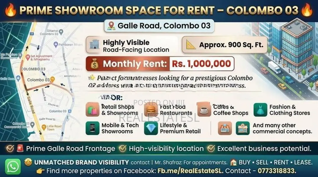 Prime showroom space for rent at colombo 3 - Galle rd