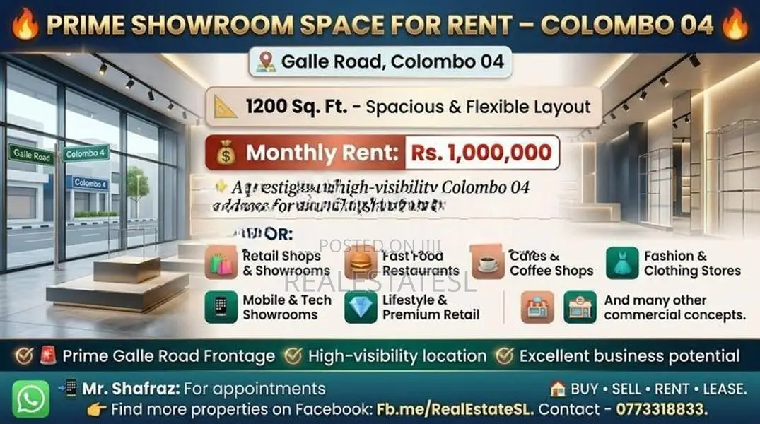 Prime showrooms space for rent at Colombo 4 - Galle rd