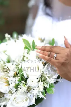 Engagement Frock With Artificial White Rose Bouquet