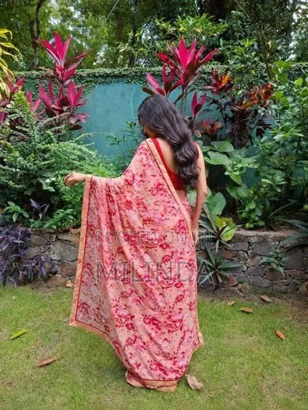 Indian Saree - Peach With Pink Floral
