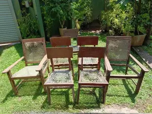 7 Vintage Wooden Chairs Set - Teak With Burutha (2 Armchairs + 5 Chair