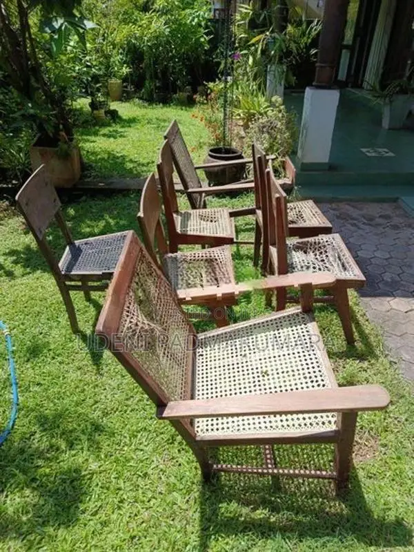 7 Vintage Wooden Chairs Set - Teak With Burutha (2 Armchairs + 5 Chair