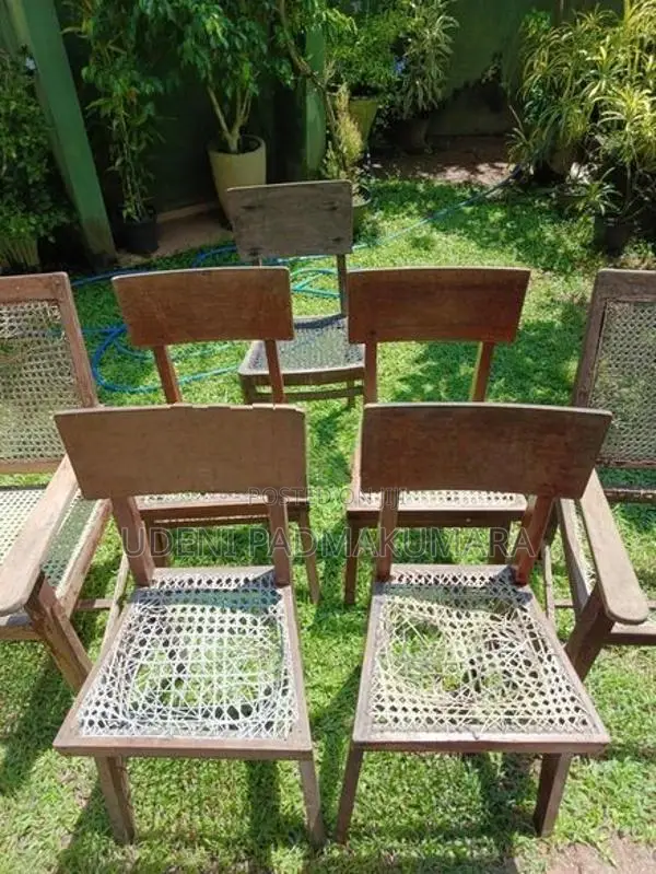 7 Vintage Wooden Chairs Set - Teak With Burutha (2 Armchairs + 5 Chair