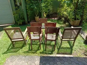 7 Vintage Wooden Chairs Set - Teak With Burutha (2 Armchairs + 5 Chair