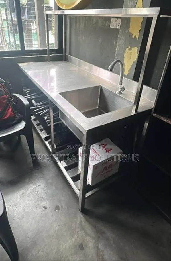 Stainless Steel Sink With Overhead Rack Under Shelves