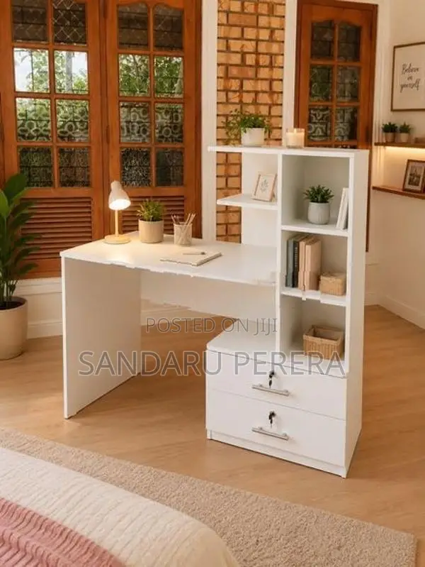 white study table with side cupboard