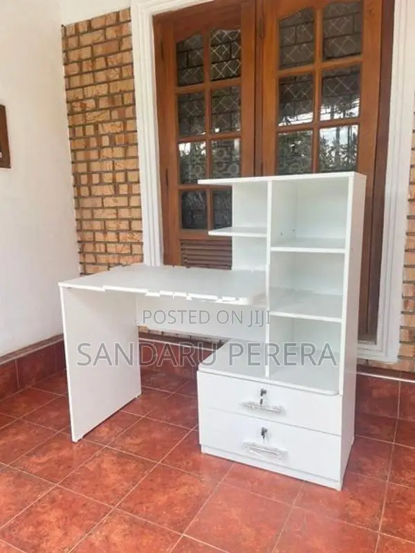 white study table with side cupboard