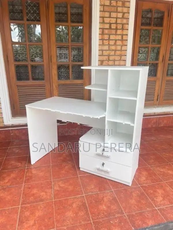 white study table with side cupboard