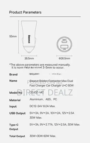 Baseus 60W Golden Contactor Max Dual Fast Charging Car Charger