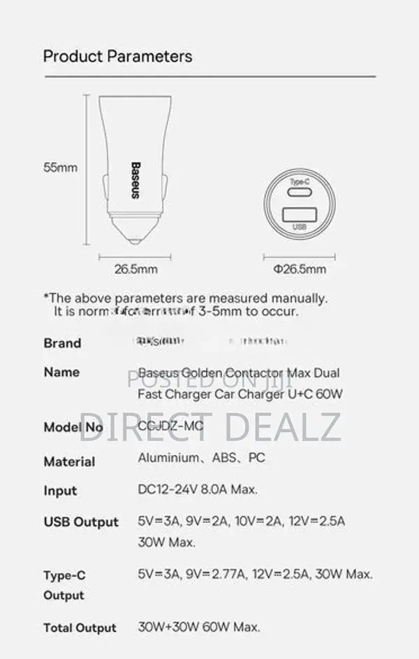 Baseus 60W Golden Contactor Max Dual Fast Charging Car Charger