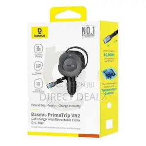 Baseus PrimeTrip VR2 30W Car Charger with Retractable Type-C Cable.