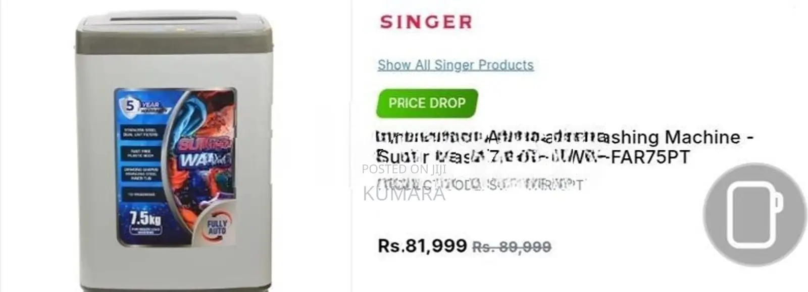 Singer 7.5KG Full Auto Washing Machine