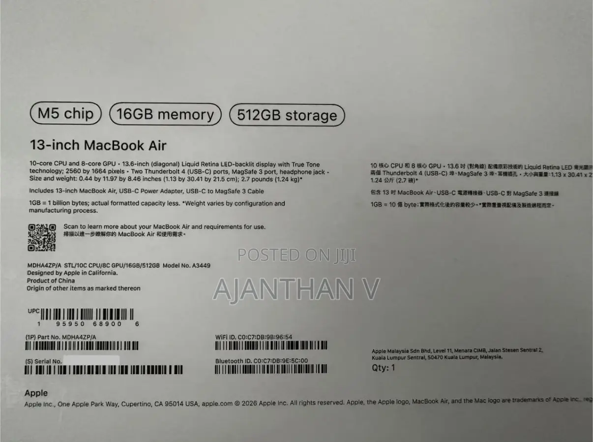 Laptop Apple MacBook Air 16GB Apple M5 SSD 512GB