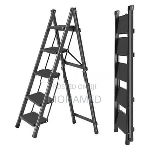 5 Step Ladder, Folding Stool With Wide Anti-Slip Pedal - Black