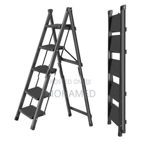 5 Step Ladder, Folding Stool With Wide Anti-Slip Pedal - Black