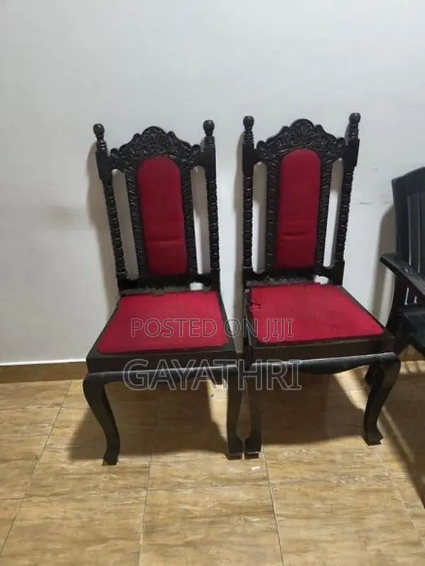 Antique Wooden Chair With Carved Design - Red Cushion