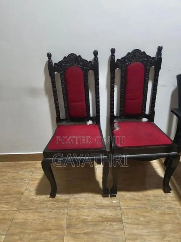 Antique Wooden Chair With Carved Design - Red Cushion