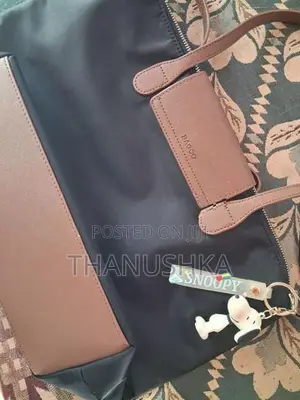 Black Nylon Tote Bag With Brown Leather Trim + Snoopy Charm
