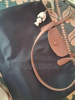 Black Nylon Tote Bag With Brown Leather Trim + Snoopy Charm