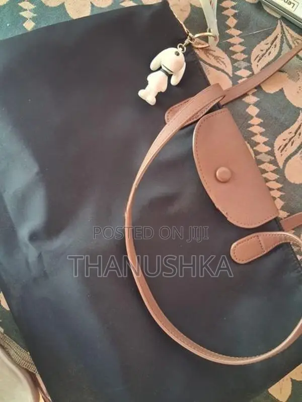 Black Nylon Tote Bag With Brown Leather Trim + Snoopy Charm