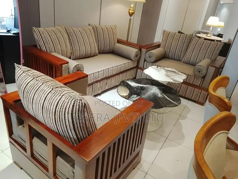 Modern Teak Wood Sofa Set (Striped Cushions)