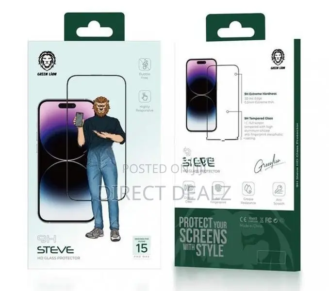 iPhone 15 Pro Max Green Lion 9H Steve HD Tempered Glass