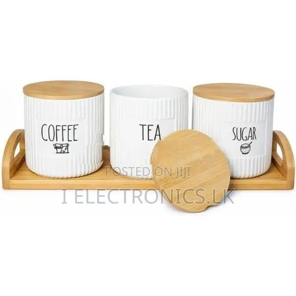 Ceramic Tea, Coffee & Sugar Canister Set with Wooden Holder – 3 Pieces