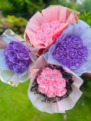 Handmade Satin Ribbon Rose Bouquet - 8 Roses Gift Pink Purple