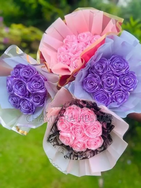 Handmade Satin Ribbon Rose Bouquet - 8 Roses Gift Pink Purple