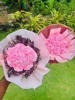 Handmade Satin Ribbon Rose Bouquet - 8 Roses Gift Pink Purple