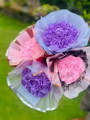 Handmade Satin Ribbon Rose Bouquet - 8 Roses Gift Pink Purple