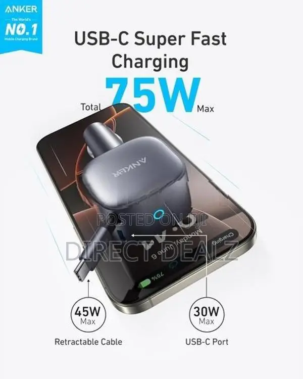Anker Nano 75W Car Charger with Built-in Retractable USB-C Cable