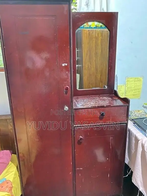 Used Wooden Cupboard Brown Colorwith Mirror With Storage Shelves