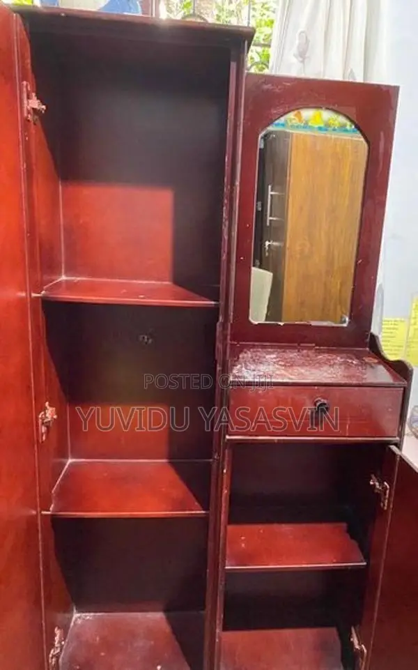 Used Wooden Cupboard Brown Colorwith Mirror With Storage Shelves