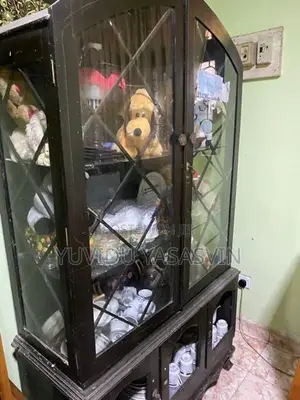 Used Wooden Glass Display Cupboard Dark Brown Colour