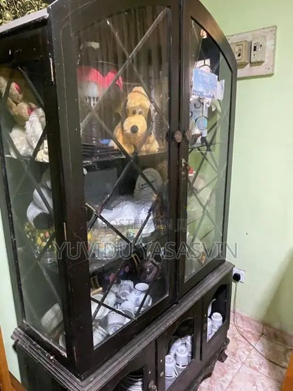 Used Wooden Glass Display Cupboard Dark Brown Colour