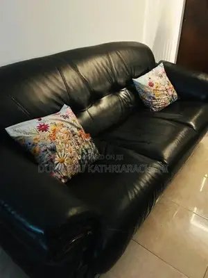 Damro Black Leather Sofa Set (1 Three-Seater + 2 Single Armchairs)