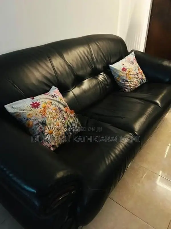 Damro Black Leather Sofa Set (1 Three-Seater + 2 Single Armchairs)