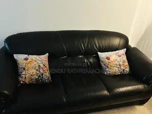 Damro Black Leather Sofa Set (1 Three-Seater + 2 Single Armchairs)