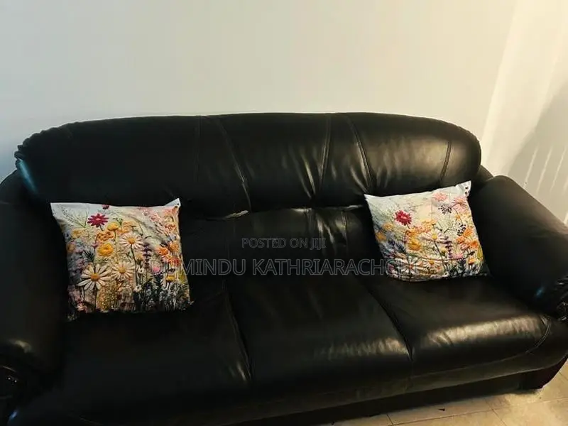 Damro Black Leather Sofa Set (1 Three-Seater + 2 Single Armchairs)