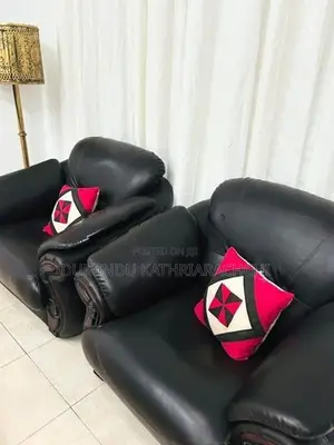 Damro Black Leather Sofa Set (1 Three-Seater + 2 Single Armchairs)